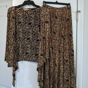 Choices Brown Animal Print Tie Front Cardigan Blouse Shirt/skirt set Small